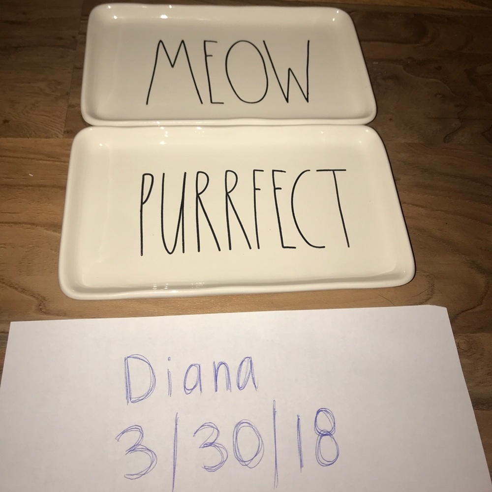 Two Rae Dunn trays. Meow and purrfect